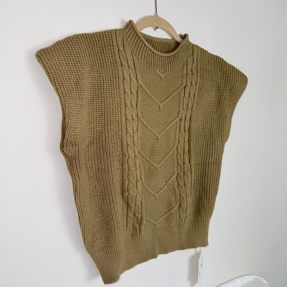 Commense Mock Neck Cable Knit Sleeveless Sweater Vest Olive Green Size M - Picture 7 of 8